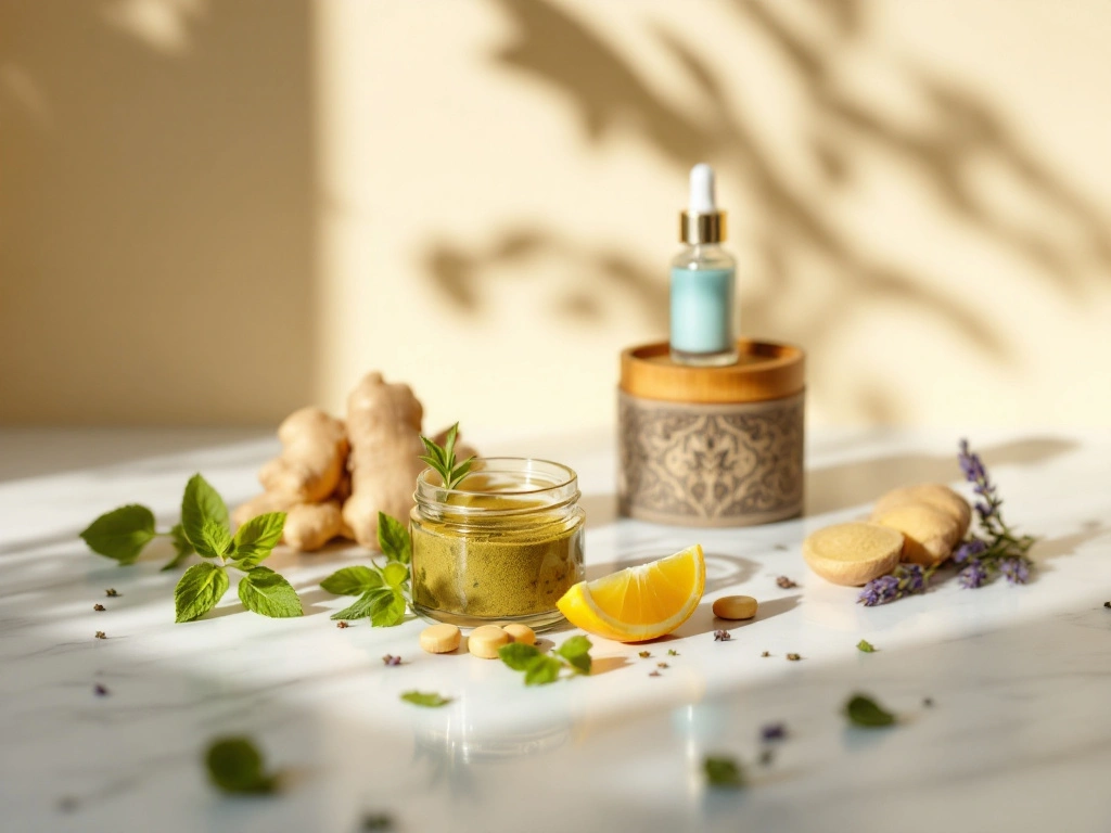 A natural skincare and wellness setup featuring a small glass jar with a green herbal balm, fresh mint leaves, ginger roots, lemon slices, and supplement capsules arranged on a white marble surface. A decorative wooden container with a dropper bottle is placed in the background, casting soft shadows on a beige wall.