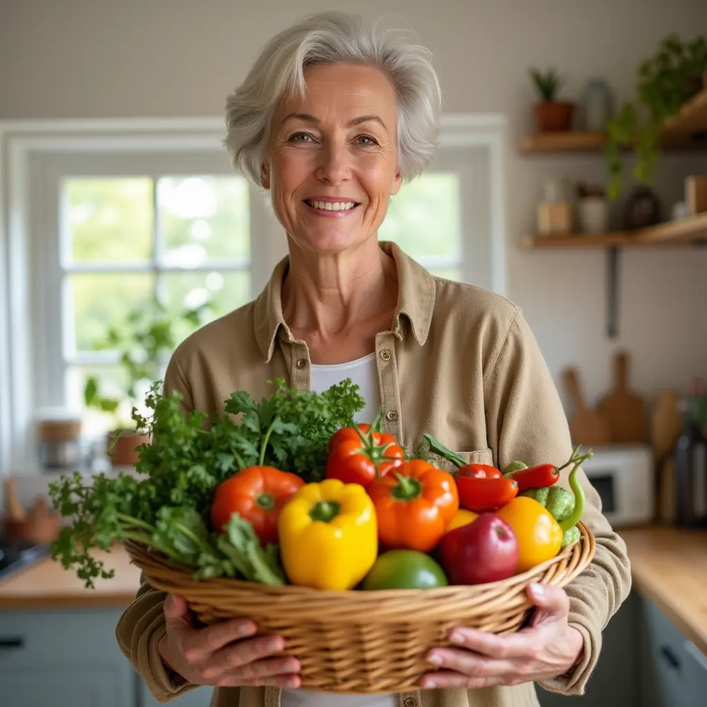 A radiant, healthy-looking woman in her 50s, standing in a bright, cozy kitchen, holding a basket filled with fresh, colorful vegetables like bell peppers, tomatoes, and leafy greens. She smiles warmly, symbolizing vitality and wellness. This image represents the essence of the 5-day menopause diet plan, which focuses on nutrient-dense, whole foods to support metabolism, balance hormones, and promote natural weight loss during menopause.