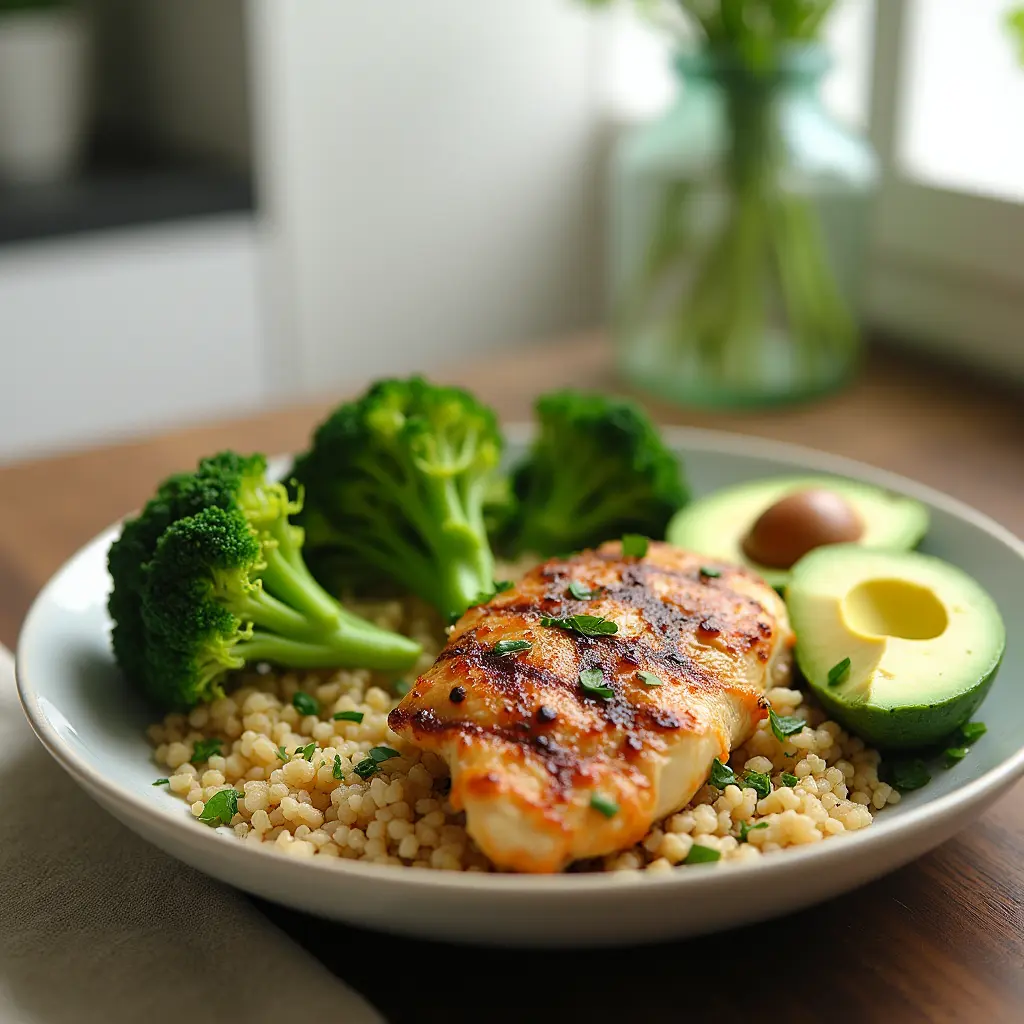 A beautifully plated healthy meal for Day 1 of a 5-day menopause diet plan, featuring grilled chicken breast, quinoa, steamed broccoli, and avocado slices. The vibrant, fresh, and colorful dish highlights lean protein and fiber-rich foods. Set in a well-lit, modern kitchen, the close-up shot showcases hyper-realistic textures, making the meal look appetizing, nutrient-dense, and perfect for supporting menopause wellness.