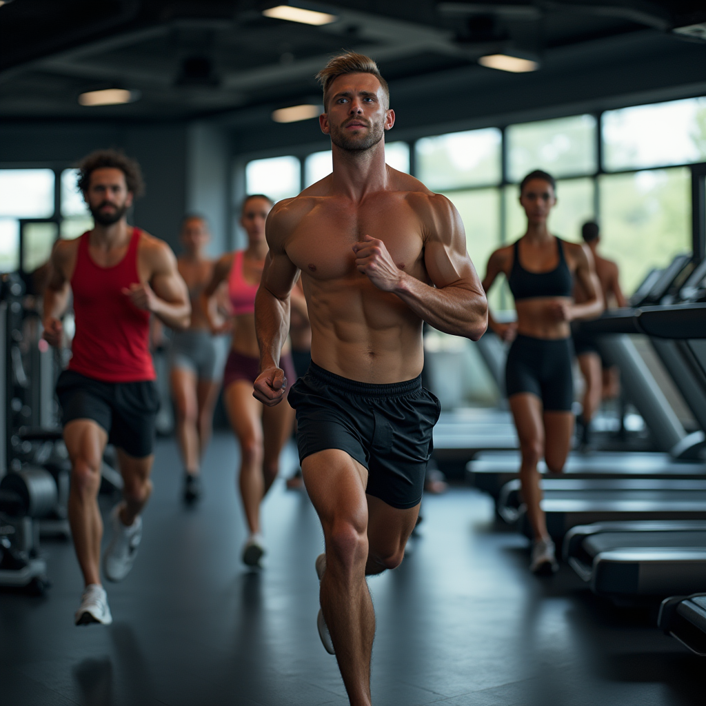 A diverse group of fit men and women performing different types of workouts in a modern gym, including strength training, cardio, HIIT, and stretching exercises.