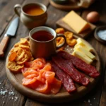 Overhead shot of carnivore diet snacks, including pork rinds, beef jerky, smoked salmon, aged cheddar, hard-boiled eggs, and bone broth on a rustic wooden table.