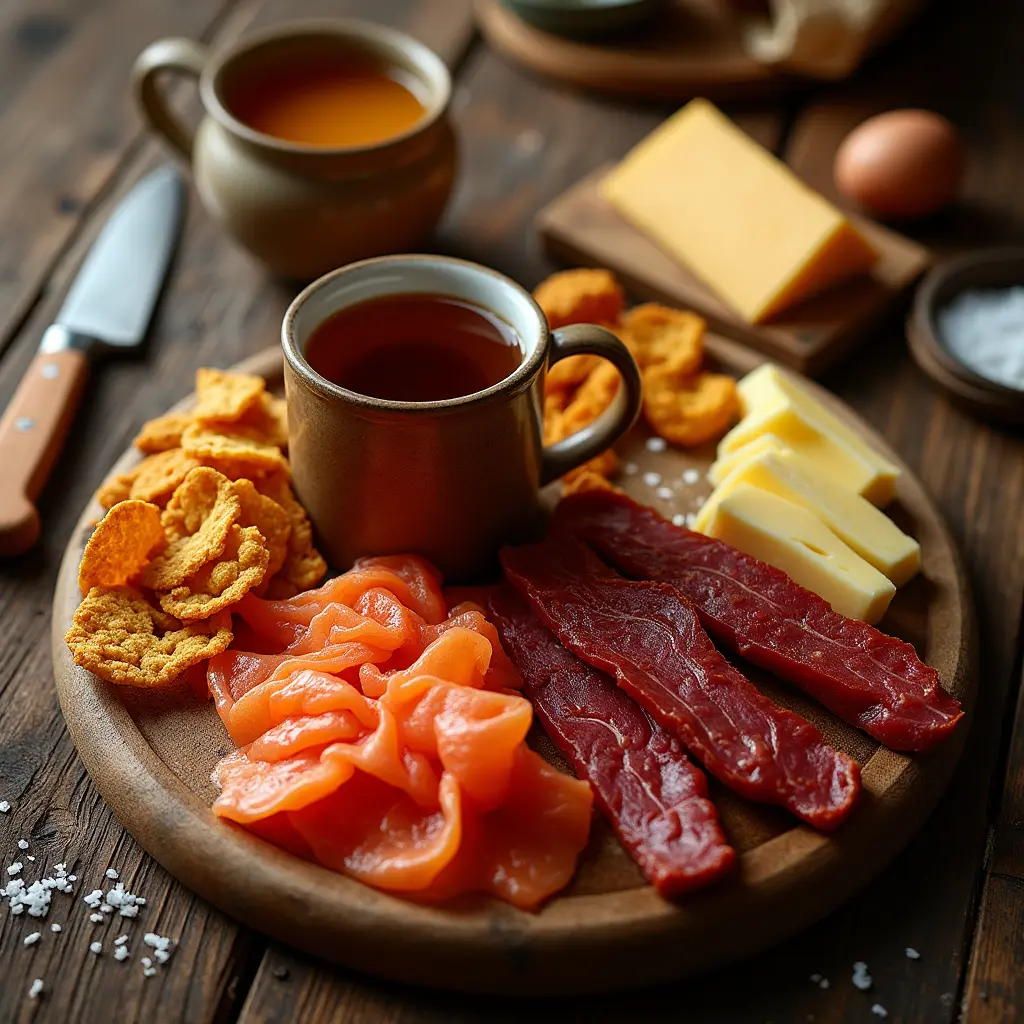 Overhead shot of carnivore diet snacks, including pork rinds, beef jerky, smoked salmon, aged cheddar, hard-boiled eggs, and bone broth on a rustic wooden table.