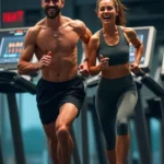Person performing a HIIT treadmill workout with high speed and incline, showing sweat and effort, in a dynamic gym setting.
