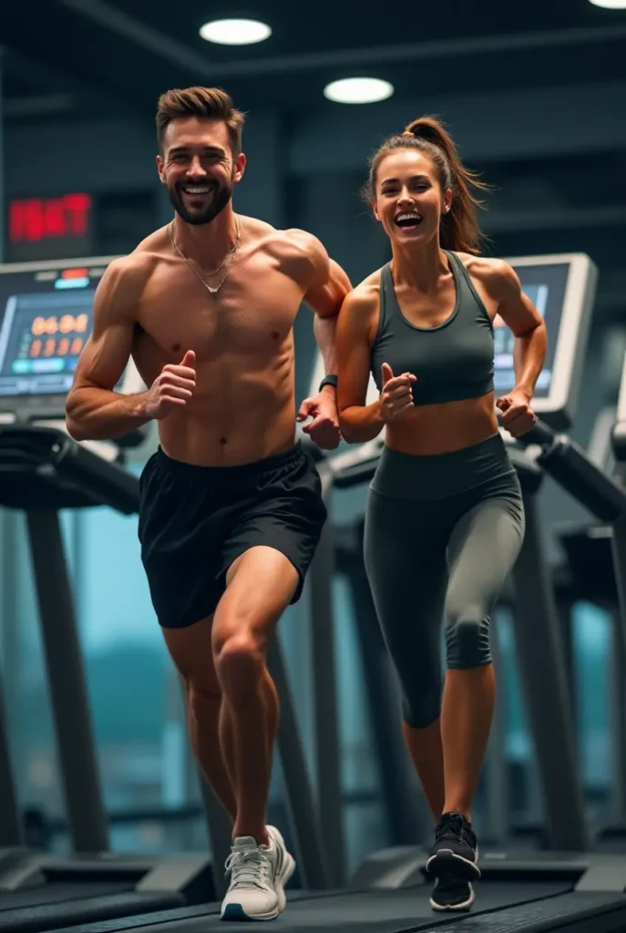 Person performing a HIIT treadmill workout with high speed and incline, showing sweat and effort, in a dynamic gym setting.