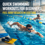 Beginner-friendly swimming workout in an indoor lap pool showing a young adult performing freestyle and breaststroke with water splashes, swim fins, and kickboard nearby.
