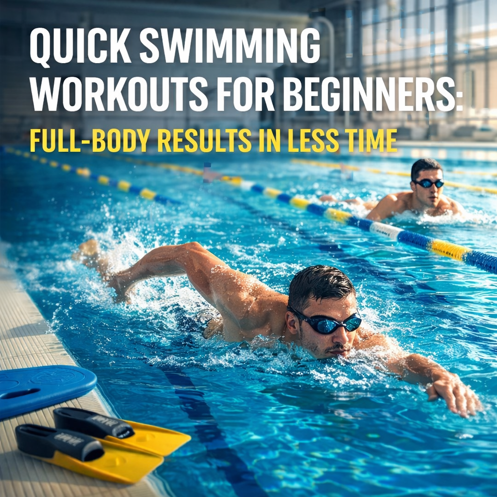 Beginner-friendly swimming workout in an indoor lap pool showing a young adult performing freestyle and breaststroke with water splashes, swim fins, and kickboard nearby.