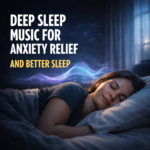 Person sleeping peacefully at night with soft glowing sound waves symbolizing deep sleep music for anxiety relief and improved sleep cycles