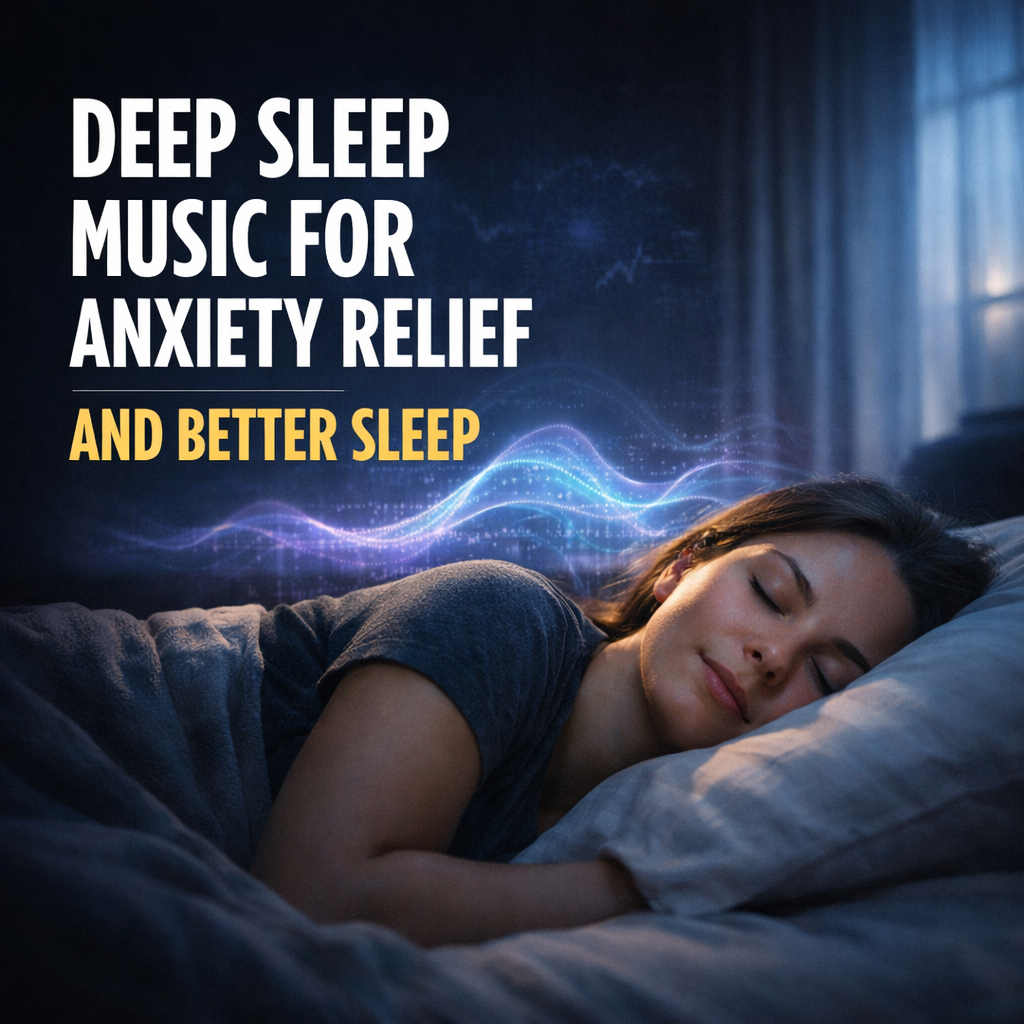 Person sleeping peacefully at night with soft glowing sound waves symbolizing deep sleep music for anxiety relief and improved sleep cycles